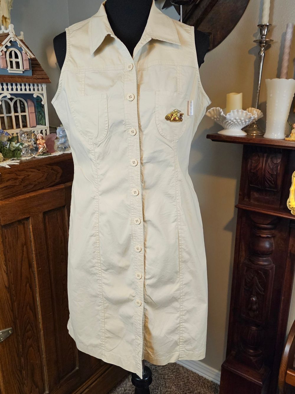 Vintage Disney Store Winnie the Pooh Safari Shirt Dress Khaki Button Front L